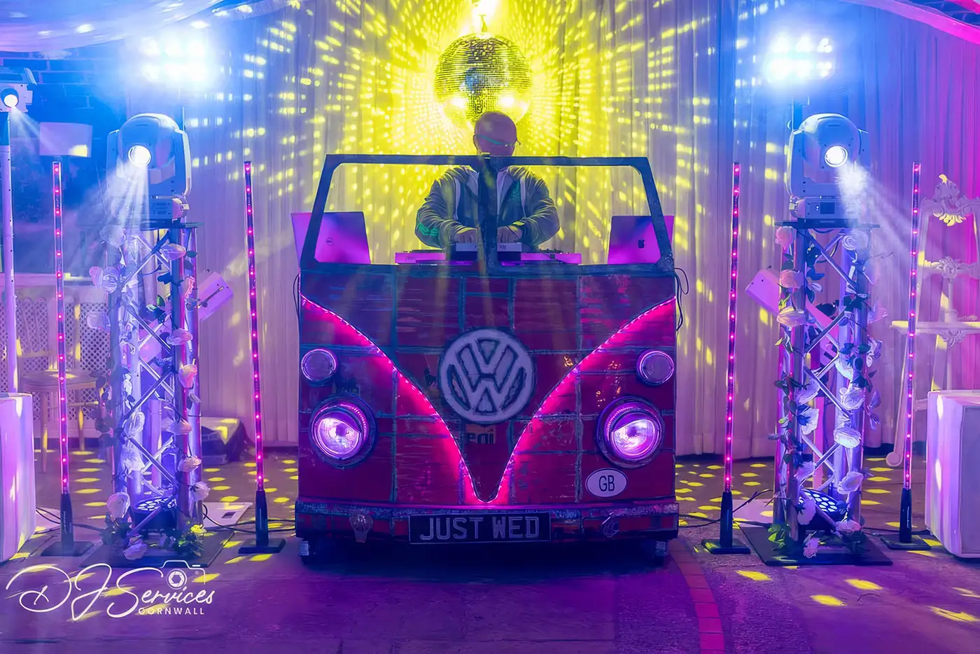 Retro Mirror Ball Bouncing yellow light with Cornwall DJ Allan Cross inside the VW style DJ Booth